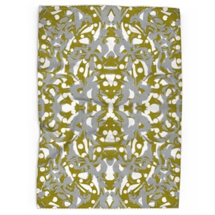 Abstract Grey Green & White Tea Towel With Wavy Edge