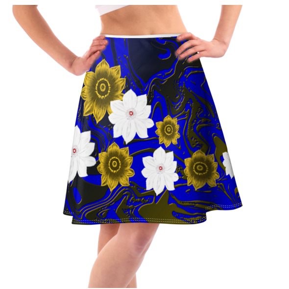 Abstract Blue Stack Of Florals Long Length Skirt