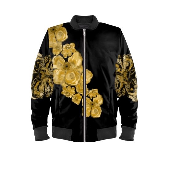 Gold & Floral Black Abstract Waterproof Outer Quilted Inner Bomber Jacket